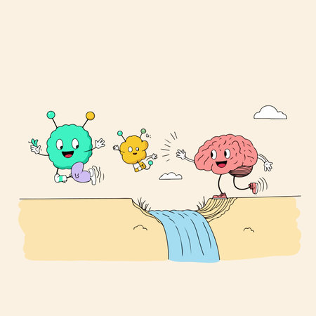 A cartoon brain character is running to meet two cute, colorful alien-like friends across a waterfall in a whimsical landscape.のイラスト素材