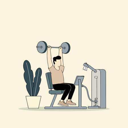 Illustration of a man lifting weights on a seated weight machine in a gym setting, with a plant in the background.のイラスト素材