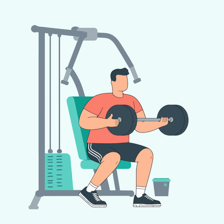 Illustration of a man lifting weights on a seated weight machine in a gym setting, showing strength training and fitness.のイラスト素材