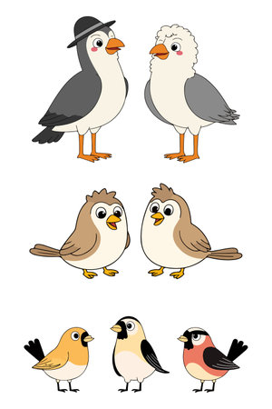 Illustration of six cartoon birds of different species, colors, and sizes on a white background.のイラスト素材