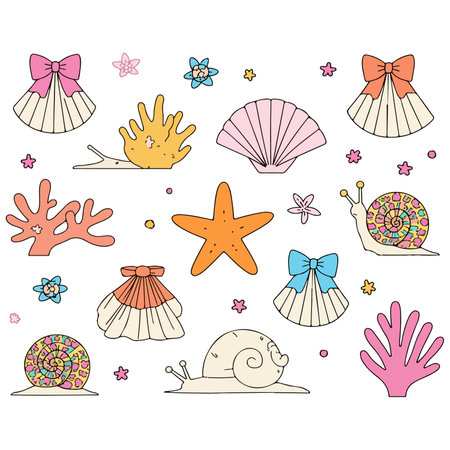 A cartoon illustration featuring colorful sea life elements such as shells, starfish, coral, snails, and flowers on a white background.のイラスト素材
