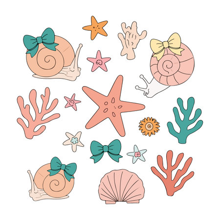 A whimsical illustration featuring snails with bows, starfish, coral, and a seashell, creating a charming underwater scene.のイラスト素材