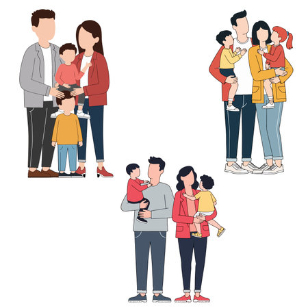 Illustration of three families, each with two parents and one or two children, in a simple, cartoon style.のイラスト素材