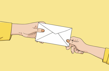 A hand passes a white envelope to another hand against a yellow background, symbolizing...
