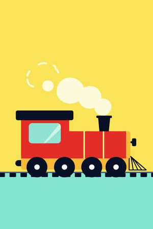A colorful cartoon illustration of a red train with black wheels and white smoke, traveling on a blue track against a yellow background.のイラスト素材