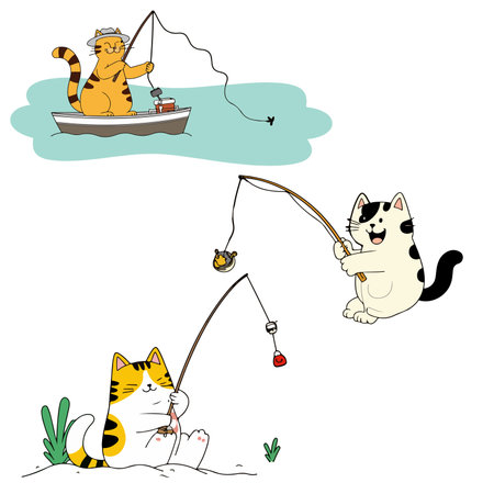 Three cartoon cats are fishing in different styles, one on a boat, one sitting, and one standing, all with fishing rods.のイラスト素材