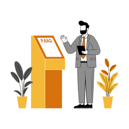 A man in a suit interacts with a FAQ kiosk, surrounded by potted plants, in a minimalist illustration style.のイラスト素材