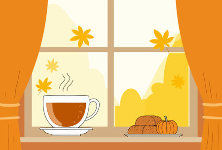 Cozy autumn scene with a cup of tea, pumpkin, and buns by the window, decorated with fall leaves and warm orange curtains.のイラスト素材