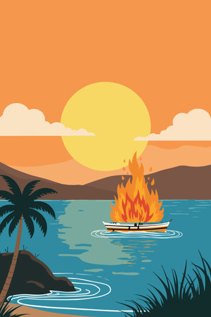 A vibrant illustration of a beach with a bonfire, a sailboat on the sea, and palm trees under a sunny sky.のイラスト素材