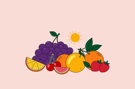 A colorful cartoon-style illustration of various fruits including grapes, oranges, cherries, and a strawberry on a light pink background.のイラスト素材