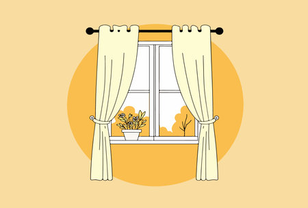 Illustration of a window with light yellow curtains, a potted plant on the sill, and a view of trees outside, set against a yellow background.のイラスト素材