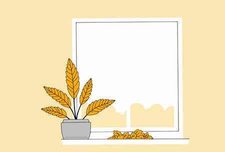 Illustration of a plant in a pot sitting on a windowsill, with a window in the background and leaves scattered on the sill.のイラスト素材