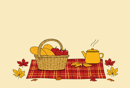 A cozy autumn picnic scene with a basket of fruit, a teapot, and colorful leaves on a red plaid blanket.のイラスト素材