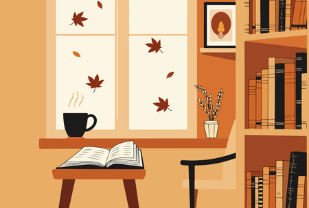 A warm, inviting scene with a book, coffee, and falling leaves, perfect for a cozy autumn read by the window.のイラスト素材