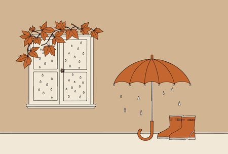 A cozy indoor scene featuring a window with autumn leaves, raindrops, an umbrella, and a pair of rain boots, evoking a rainy day atmosphere.のイラスト素材
