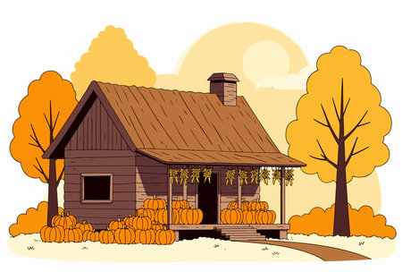 A cozy cabin adorned with pumpkins and autumn foliage, evoking a warm, seasonal atmosphere. Corn hangs from the porch.のイラスト素材