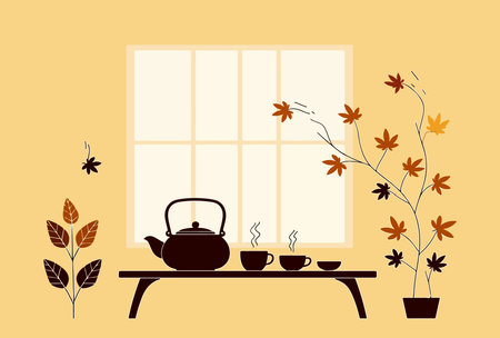 A minimalist illustration of a tea set on a table by a window, adorned with autumn leaves, creating a serene and cozy atmosphere.のイラスト素材