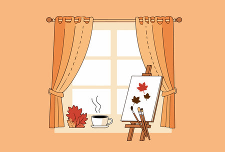 Cozy autumn scene with a window, curtains, coffee, leaves, and an easel with a painting of autumn leaves.のイラスト素材
