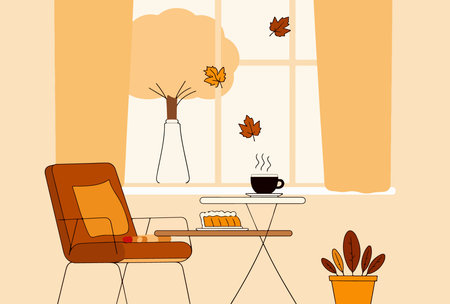 A warm, inviting illustration of an autumn scene with a chair, coffee, cake, and falling leaves, creating a cozy and relaxing atmosphere.のイラスト素材