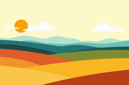 A serene, minimalist landscape featuring rolling hills, stylized trees, and a warm sun against a soft, muted background.のイラスト素材