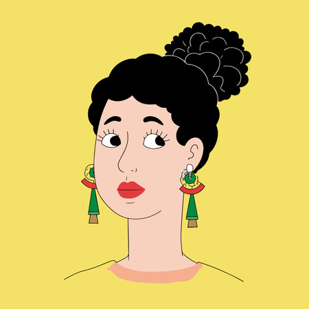 A stylized portrait of a woman with a large afro bun, wearing geometric earrings, against an orange background. Simple yet elegant design.のイラスト素材