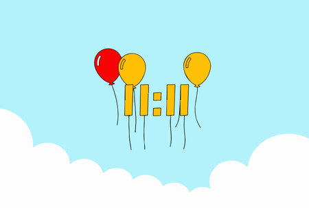A whimsical illustration of balloons lifting the time 11:11 into a light blue sky with fluffy white clouds at the bottom.のイラスト素材