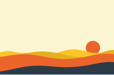 A serene, minimalist landscape featuring rolling hills, stylized trees, and a warm sun against a soft, muted background.のイラスト素材