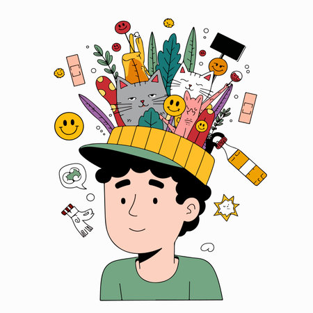 A whimsical illustration of a man with a hat overflowing with thoughts, emotions, and memories,...