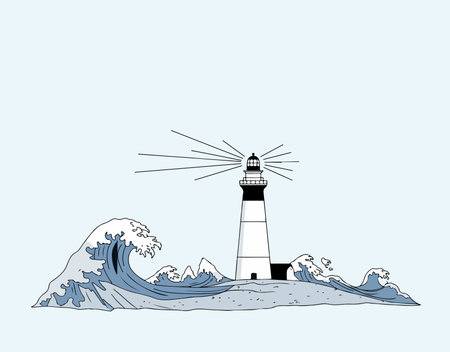 A black and white lighthouse stands on a small island, surrounded by stylized blue waves. Light beams emanate from the top of the lighthouse.のイラスト素材