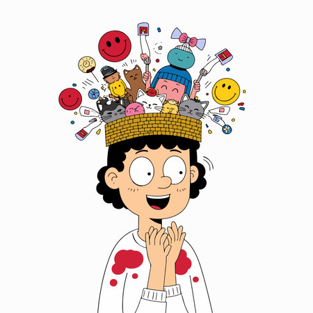 A whimsical illustration of a man with a hat overflowing with thoughts, emotions, and memories, represented by various objects and symbols.のイラスト素材