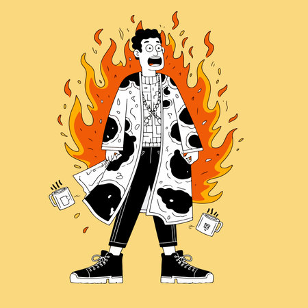 A cartoon man in a patterned coat stands amidst flames, with floating coffee mugs, against a yellow background. Expressive and surreal.のイラスト素材
