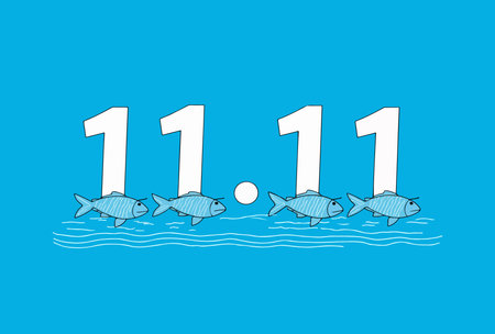 Cartoon image of four fish swimming under the numbers 11.11, set against a blue background.のイラスト素材