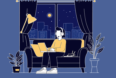 Illustration of a person working on a laptop at night, sitting on a couch with a city view through the window.のイラスト素材