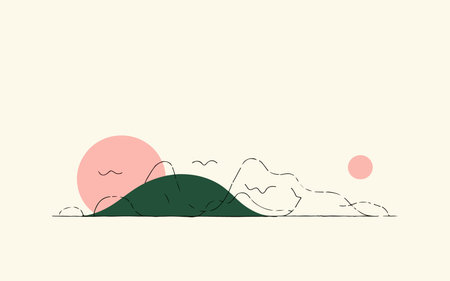 A minimalist landscape illustration featuring pink suns, a green hill, and simple line art against a light background. Serene and modern.のイラスト素材