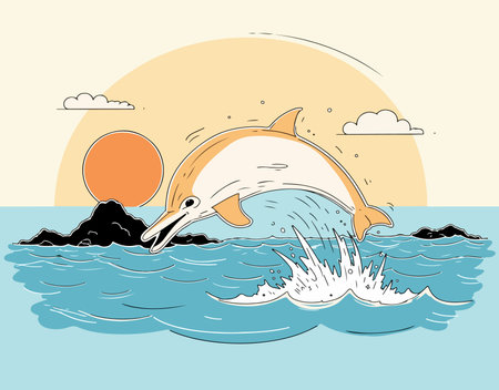 A stylized illustration of a dolphin jumping out of the water with a sunset and rocky islands in the background. Vector art.のイラスト素材