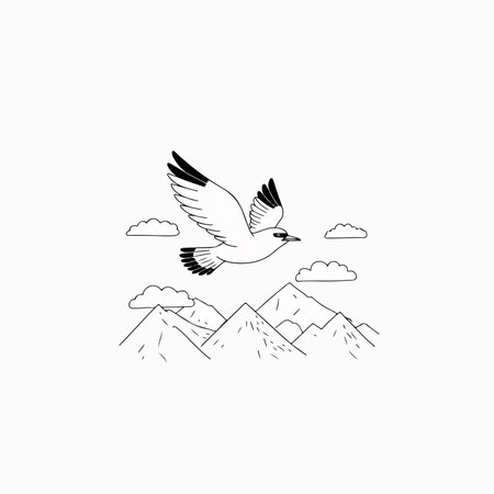 A minimalist black and white drawing of a bird in flight above a mountain range with clouds.のイラスト素材