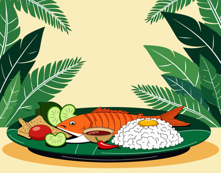 An illustration of a grilled fish dish served with rice, vegetables, and dipping sauce on a plate, surrounded by tropical leaves.のイラスト素材