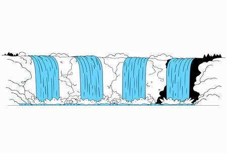 A cartoon illustration of a wide waterfall with blue water cascading over a cliff, surrounded by white clouds and black trees.のイラスト素材