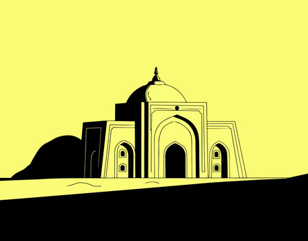A minimalist illustration of Mazar-e-Quaid in black and yellow, showing its iconic dome and architectural details.のイラスト素材