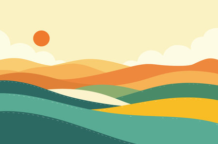 A serene, minimalist landscape featuring rolling hills, stylized trees, and a warm sun against a soft, muted background.のイラスト素材