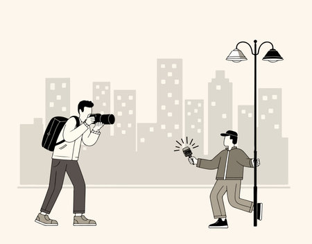 A photographer takes a picture of an interviewer with a microphone in front of a cityscape backdrop. Illustration style.のイラスト素材