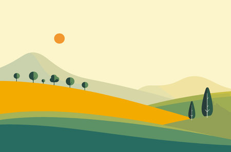 A serene, minimalist landscape featuring rolling hills, stylized trees, and a warm sun against a soft, muted background.のイラスト素材