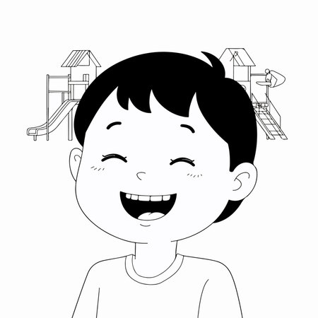 A cheerful boy with a wide smile stands in front of a playground, radiating joy and happiness. Line art style.のイラスト素材