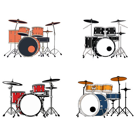 A collection of four stylized drum set illustrations, each with a unique color scheme and arrangement, set against a clean white background.のイラスト素材