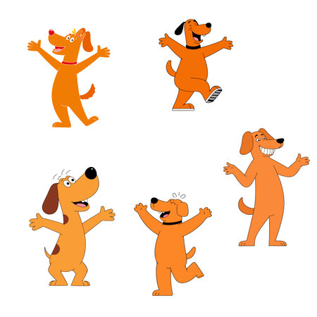A collection of cartoon dogs with orange fur, each with their arms raised in a cheerful or welcoming gesture, set against a white background.のイラスト素材