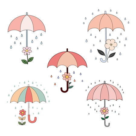 A whimsical illustration featuring colorful umbrellas adorned with flowers, surrounded by raindrops, creating a cheerful rainy day scene.のイラスト素材