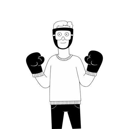 A cartoon boxer stands ready with gloves and headgear, prepared for a match. Black and white illustration.のイラスト素材