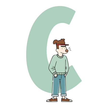 Cartoon illustration of a man standing next to a large letter C, wearing casual clothes and a hat.のイラスト素材