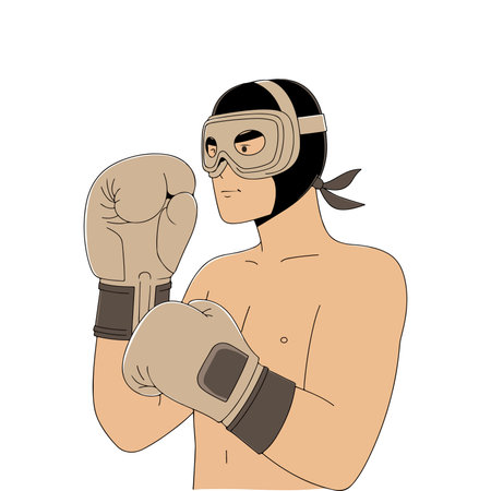 Cartoon illustration of a boxer with vintage gear, including a head protector, goggles, and boxing gloves, in a fighting stance.のイラスト素材