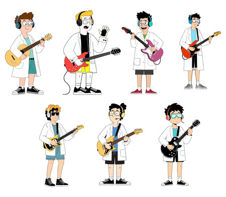 A group of cartoon scientists wearing lab coats and headphones, each playing a different electric guitar. Isolated on a white background.のイラスト素材